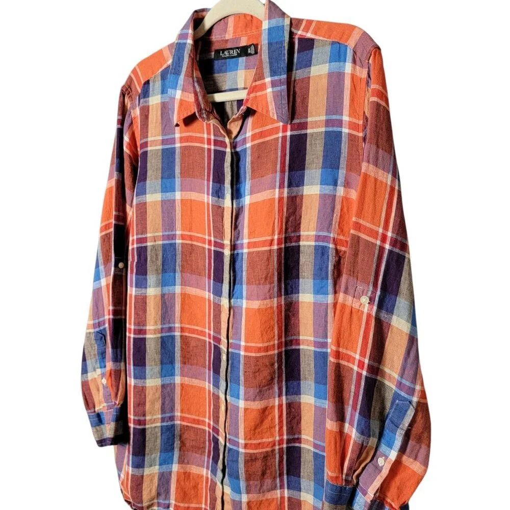 Ralph Lauren LRL Womens Black Label Plaid Linen Long Sleeve Button Up Shirt 2X - Picture 2 of 10